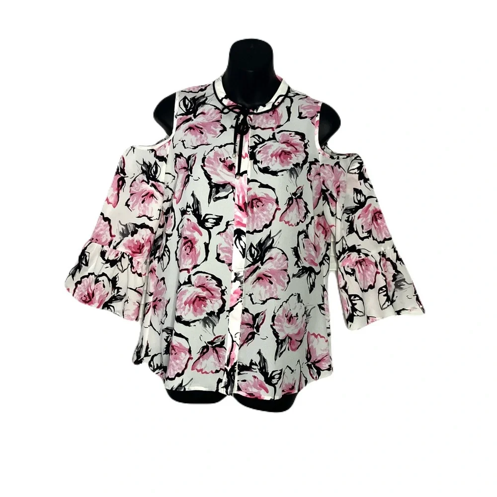 Karl Lagerfeld Pink and Black Floral Cold Shoulder Pearl Tie Accent Top
